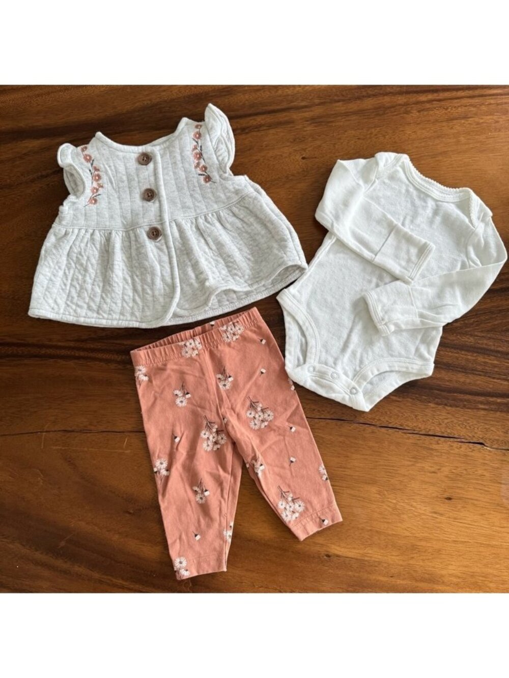 Carter’s Baby Embroidered Vest, White Bodysuit, Floral Leggings Set size 3M
